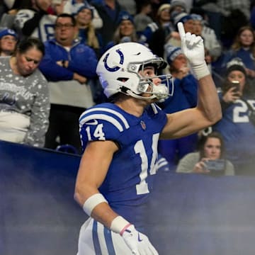 Indianapolis Colts wide receiver Alec Pierce (14) takes the field Sunday, Jan. 5, 2025, before a game against the Jacksonville Jaguars at Lucas Oil Stadium in Indianapolis.