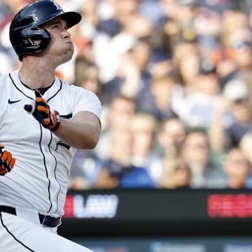 May 10, 2025; Detroit, Michigan, USA;   Detroit Tigers Kerry Carpenter (30) hits a home run in the first inning against the Texas Rangers at Comerica Park. 