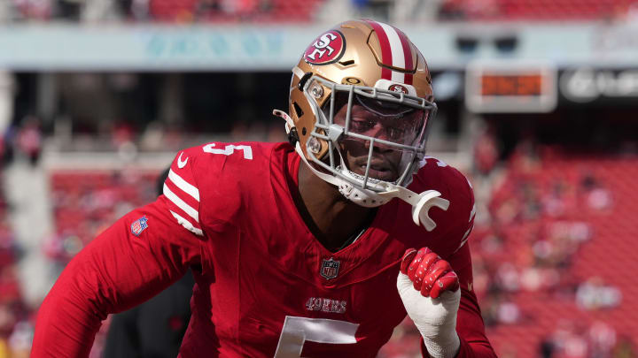 Dec 10, 2023; Santa Clara, California, USA; San Francisco 49ers linebacker Randy Gregory (5) warms up before the game against the Seattle Seahawks at Levi's Stadium. Mandatory Credit: Darren Yamashita-USA TODAY Sports