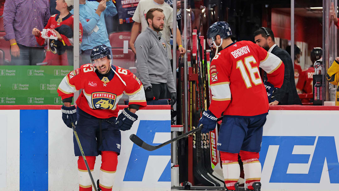 May 24, 2025; Sunrise, Florida, USA; Florida Panthers center Brad Marchand (63) enters the ice during the third period against the Carolina Hurricanes in game three of the Eastern Conference Final of the 2025 Stanley Cup Playoffs at Amerant Bank Arena. Mandatory Credit: Sam Navarro-Imagn Images