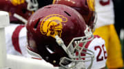 Nov 1, 2014; Pullman, WA, USA; Southern California Trojans helmet sit during a game against the Washington State Cougars during the second half at Martin Stadium. Trojans eat Cougars 44-17. Mandatory Credit: James Snook-USA TODAY Sports