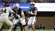 Nov 8, 2025; Charlottesville, Virginia, USA; Virginia Cavaliers quarterback Chandler Morris (4) throws the ball against the Wake Forest Demon Deacons during the first half at Scott Stadium. Mandatory Credit: Amber Searls-Imagn Images