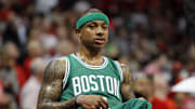 Apr 26, 2016; Atlanta, GA, USA; Boston Celtics guard Isaiah Thomas (4) reacts on the bench against the Atlanta Hawks in the third quarter in game five of the first round of the NBA Playoffs at Philips Arena. The Hawks defeated the Celtics 110-83. Mandatory Credit: Brett Davis-Imagn Images