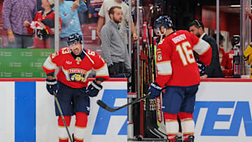 May 24, 2025; Sunrise, Florida, USA; Florida Panthers center Brad Marchand (63) enters the ice during the third period against the Carolina Hurricanes in game three of the Eastern Conference Final of the 2025 Stanley Cup Playoffs at Amerant Bank Arena. Mandatory Credit: Sam Navarro-Imagn Images