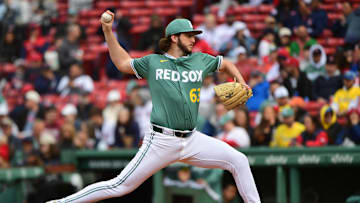 May 24, 2025; Boston, Massachusetts, USA; Boston Red Sox relief pitcher Justin Slaten (63) pitches during the eighth inning against the Baltimore Orioles at Fenway Park. Mandatory Credit: Bob DeChiara-Imagn Images