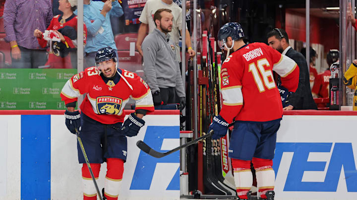 May 24, 2025; Sunrise, Florida, USA; Florida Panthers center Brad Marchand (63) enters the ice during the third period against the Carolina Hurricanes in game three of the Eastern Conference Final of the 2025 Stanley Cup Playoffs at Amerant Bank Arena. Mandatory Credit: Sam Navarro-Imagn Images