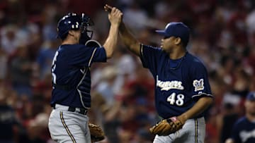 Aug 4, 2006; St. Louis, MO, USA; Milwaukee Brewers pitcher Francisco Cordero (48) and catcher Damian Miller (26) congratulate each other after defeating the St. Louis Cardinals 4-3 at Busch Stadium. Mandatory Credit: Photo by Scott Rovak-Imagn Images (©) Copyright 2006 by Scott Rovak