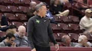Nov 19, 2023; Charleston, SC, USA; North Texas Mean Green head coach Ross Hodge reacts to a call on the court in the first half against the Towson Tigers at TD Arena. Mandatory Credit: David Yeazell-Imagn Images