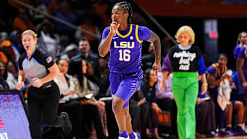 LSU guard Kailyn Gilbert (16) shushes the Tennessee crowd after hitting a three-pointer during a women's college basketball game between the Lady Vols and LSU at Thompson-Boling Arena at Food City Center on Thursday, Jan. 9, 2025.