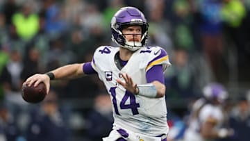 Minnesota Vikings quarterback Sam Darnold attempts a pass againt the Seattle Seahawks