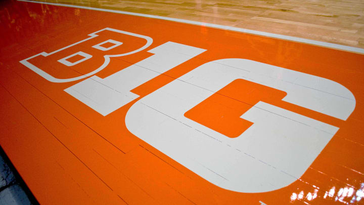 Dec 30, 2011; Champaign, IL, USA; The Big 10 logo on the Assembly Hall court before the start of the Michigan Wolverines at Illinois Fighting Illini game. Mandatory Credit: Bradley Leeb-Imagn Images