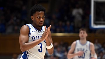 Feb 28, 2024; Durham, North Carolina, USA; Duke guard Jeremy Roach (3) reacts during the first half against the Louisville Cardinals at Cameron Indoor Stadium.