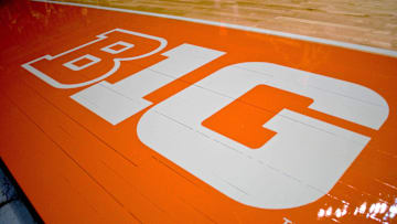 Dec 30, 2011; Champaign, IL, USA; The Big 10 logo on the Assembly Hall court before the start of the Michigan Wolverines at Illinois Fighting Illini game. Mandatory Credit: Bradley Leeb-Imagn Images