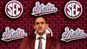 Mississippi State head coach Sam Purcell speaks during SEC Media Day at the Grand Bohemian Hotel in Mountain Brook Tuesday, Oct. 16, 2024.