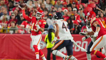 Aug 22, 2024; Kansas City, Missouri, USA; Kansas City Chiefs quarterback Chris Oladokun (13) throws a pass against the Chicago Bears during the first half at GEHA Field at Arrowhead Stadium. Mandatory Credit: Jay Biggerstaff-USA TODAY Sports