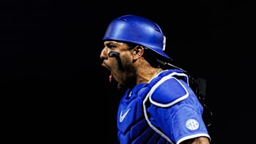 Jun 2, 2024; Lexington, KY, USA; Kentucky Wildcats catcher Devin Burkes (7) celebrates a strikeout during the sixth inning against the Indiana State Sycamores at Kentucky Proud Park. Mandatory Credit: Jordan Prather-Imagn Images