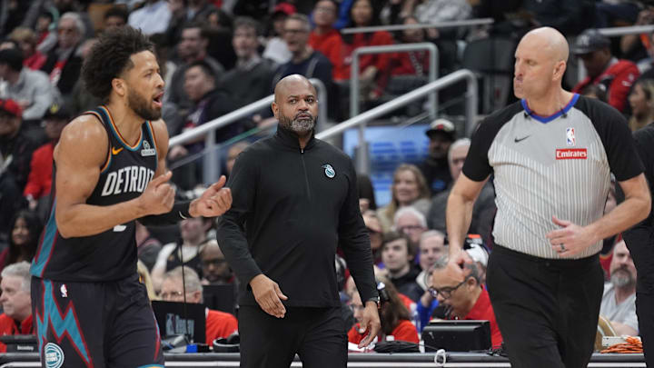 Mar 15, 2026; Toronto, Ontario, CAN; Detroit Pistons head coach J.B. Bickerstaff looks on as guard Cade Cunningham (2) pleads for a call to an official during the second half at Scotiabank Arena. Mandatory Credit: John E. Sokolowski-Imagn Images
