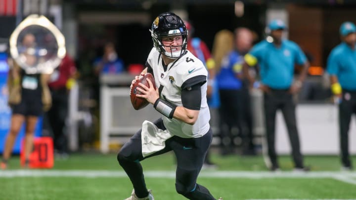 Aug 27, 2022; Atlanta, Georgia, USA; Jacksonville Jaguars quarterback E.J. Perry (4) against the Atlanta Falcons in the first half at Mercedes-Benz Stadium. Mandatory Credit: Brett Davis-USA TODAY Sports