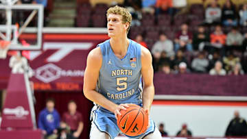 Mar 4, 2025; Blacksburg, Virginia, USA;  North Carolina Tar Heels guard Cade Tyson (5) looks to shoot the ball during the second half against Virginia Tech Hokies at Cassell Coliseum. Mandatory Credit: Brian Bishop-Imagn Images