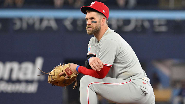 Philadelphia Phillies first baseman Bryce Harper (3) looks on during an injury delay in the ninth inning against the Toronto Blue Jays at Rogers Centre.