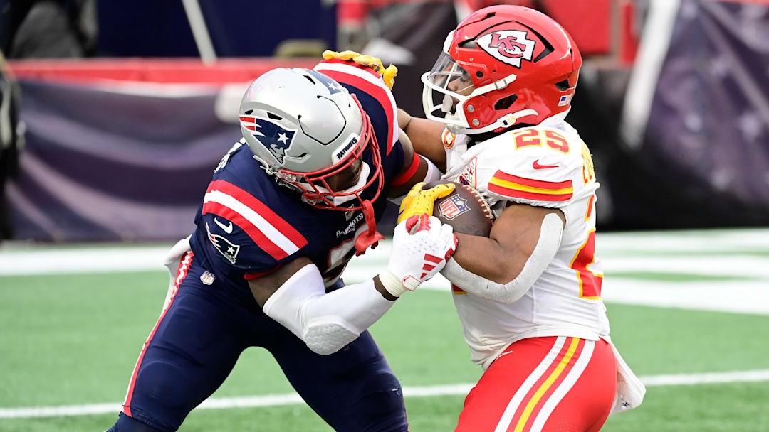 New England Patriots safety Jabrill Peppers (5) tackles Kansas City Chiefs running back Clyde Edwards-Helaire (25) during the second half at Gillette Stadium.