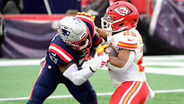 New England Patriots safety Jabrill Peppers (5) tackles Kansas City Chiefs running back Clyde Edwards-Helaire (25) during the second half at Gillette Stadium.