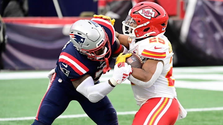 New England Patriots safety Jabrill Peppers (5) tackles Kansas City Chiefs running back Clyde Edwards-Helaire (25) during the second half at Gillette Stadium.
