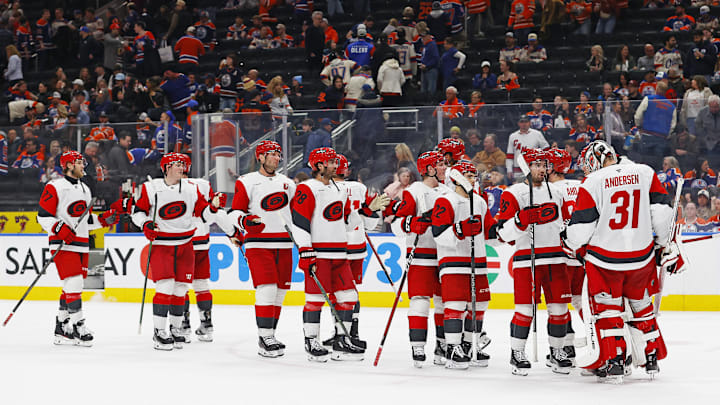 Mar 6, 2026; Edmonton, Alberta, CAN; Carolina Hurricanes celebrate a win over the Edmonton Oilers at Rogers Place. Mandatory Credit: Perry Nelson-Imagn Images