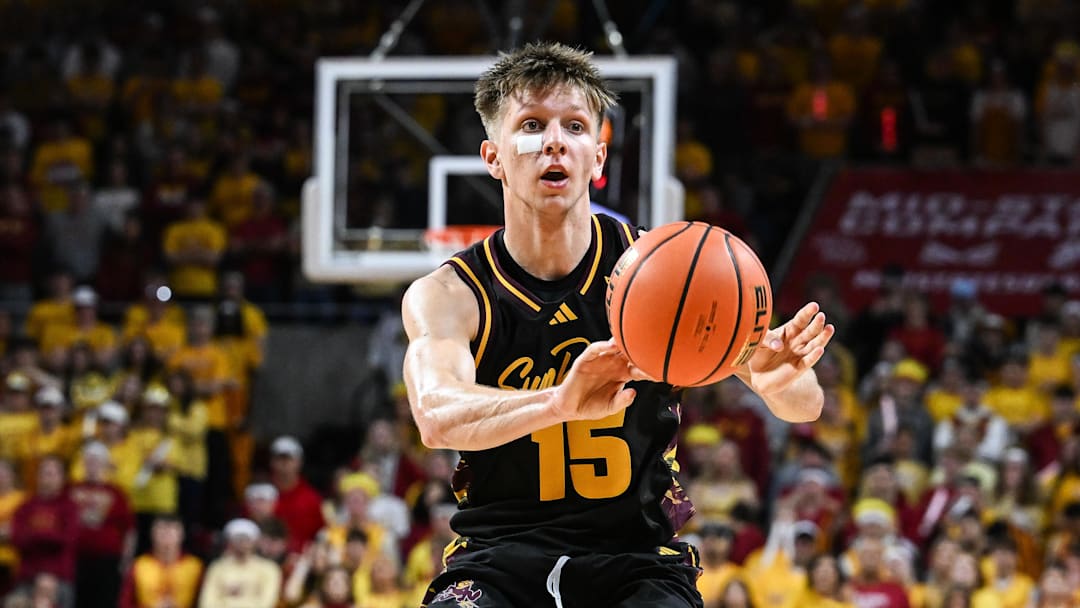 Mar 7, 2026; Ames, Iowa, USA; Arizona State Sun Devils guard Noah Meeusen (15) controls the ball against the Iowa State Cyclones during the second half at James H. Hilton Coliseum. Mandatory Credit: Jeffrey Becker-Imagn Images