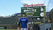 Apr 23, 2025; Chicago, Illinois, USA;  Los Angeles Dodgers two-way player Shohei Ohtani (17) after warm ups before the teams game against the Chicago Cubs at Wrigley Field. Mandatory Credit: Matt Marton-Imagn Images