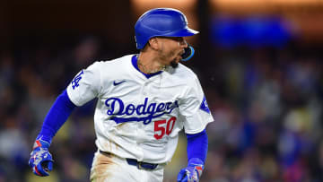 Apr 13, 2024; Los Angeles, California, USA; Los Angeles Dodgers shortstop Mookie Betts (50) runs