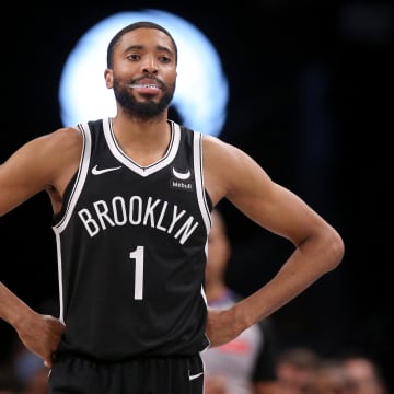 Mar 4, 2024; Brooklyn, New York, USA; Brooklyn Nets forward Mikal Bridges (1) reacts during the fourth quarter against the Memphis Grizzlies at Barclays Center. Mandatory Credit: Brad Penner-USA TODAY Sports