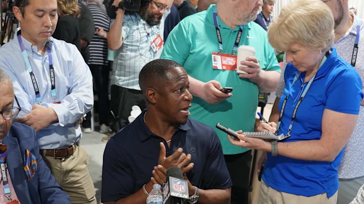 Apr 1, 2025; Palm Beach, FL, USA;  Atlanta Falcons head coach Raheem Morris answers questions from the media during the NFL Annual League Meeting at The Breakers. Mandatory Credit: Jim Rassol-Imagn Images