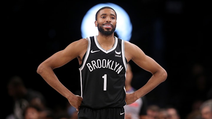 Mar 4, 2024; Brooklyn, New York, USA; Brooklyn Nets forward Mikal Bridges (1) reacts during the fourth quarter against the Memphis Grizzlies at Barclays Center. Mandatory Credit: Brad Penner-Imagn Images