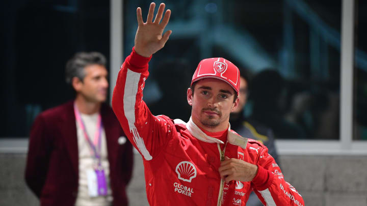 Nov 17, 2023; Las Vegas, Nevada, USA; Scuderia Ferrari driver Charles LeClerc of Monaco (16) celebrates after securing pole position during qualifying at Las Vegas Strip Circuit. Mandatory Credit: Gary A. Vasquez-USA TODAY Sports