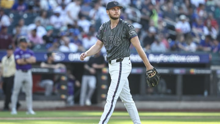 Jul 13, 2024; New York City, New York, USA;  New York Mets starting pitcher Christian Scott (45) is taken out of the game in the fifth inning against the Colorado Rockies at Citi Field. Mandatory Credit: Wendell Cruz-USA TODAY Sports