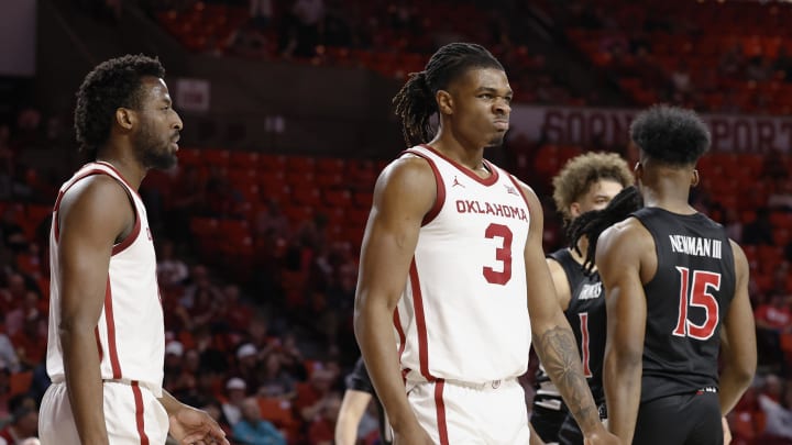 Mar 5, 2024; Norman, Oklahoma, USA; Oklahoma Sooners guard Otega Oweh (3) reacts after a play abasing the Cincinnati Bearcats during the first half at Lloyd Noble Center. Mandatory Credit: Alonzo Adams-USA TODAY Sports