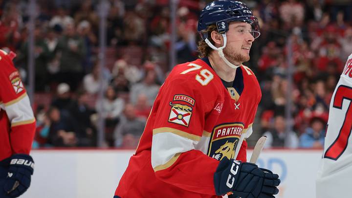 Nov 13, 2025; Sunrise, Florida, USA; Florida Panthers center Cole Schwindt (79) celebrates after scoring against the Florida Panthers during the second period at Amerant Bank Arena. Mandatory Credit: Sam Navarro-Imagn Images