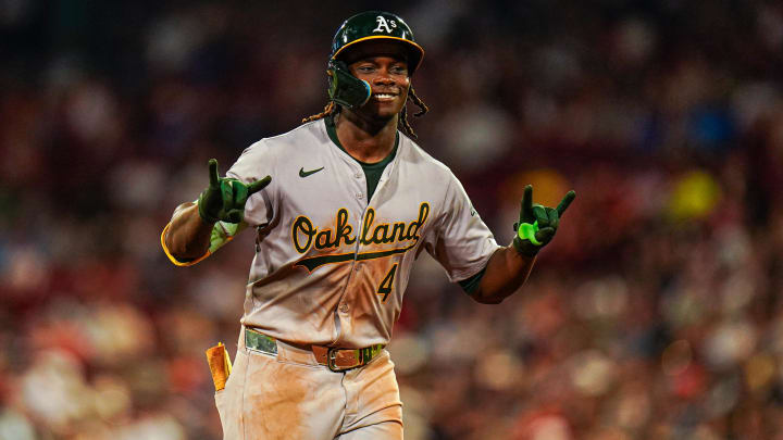 Jul 9, 2024; Boston, Massachusetts, USA; Oakland Athletics right fielder Lawrence Butler (4) rounds the bases after hitting a three run home run against the Boston Red Sox in the sixth inning at Fenway Park. Mandatory Credit: David Butler II-USA TODAY Sports