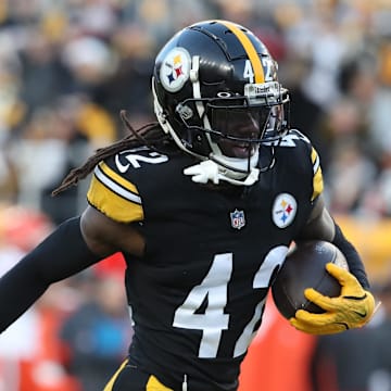 Dec 8, 2024; Pittsburgh, Pennsylvania, USA;  Pittsburgh Steelers cornerback James Pierre (42) reacts after an interception against the Cleveland Browns during the fourth quarter at Acrisure Stadium. Mandatory Credit: Charles LeClaire-Imagn Images