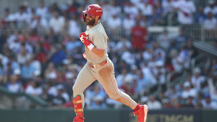 Sep 30, 2026; Cumberland, Georgia, USA;  Philadelphia Phillies outfielder Bryce Harper (3) rounds the bases after hitting a solo home run against the Atlanta Braves in the eighth inning during game two of the Wildcard round for the 2026 MLB Playoffs at Truist Park.  Mandatory Credit: Brett Davis-Imagn Images