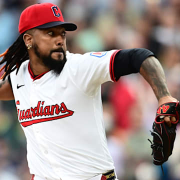 May 28, 2025; Cleveland, Ohio, USA; Cleveland Guardians relief pitcher Emmanuel Clase (48) throws a pitch during the ninth inning against the Los Angeles Dodgers at Progressive Field. Mandatory Credit: Ken Blaze-Imagn Images