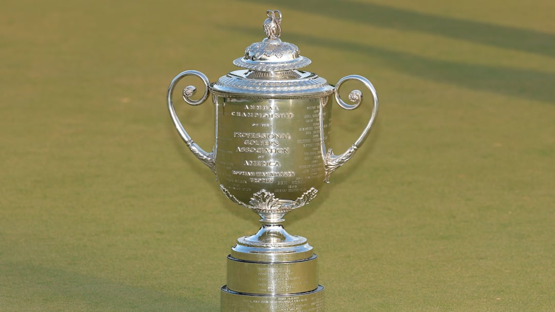 A general view of the Wanamaker Trophy at the 2025 PGA Championship at Quail Hollow Club