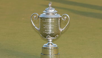 A general view of the Wanamaker Trophy at the 2025 PGA Championship at Quail Hollow Club
