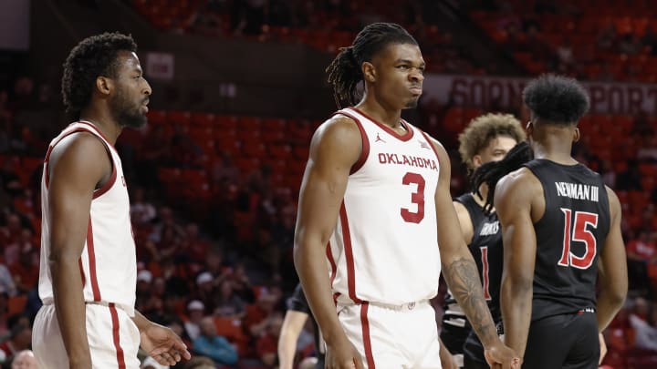 Mar 5, 2024; Norman, Oklahoma, USA; Oklahoma Sooners guard Otega Oweh (3) reacts after a play abasing the Cincinnati Bearcats during the first half at Lloyd Noble Center. Mandatory Credit: Alonzo Adams-USA TODAY Sports