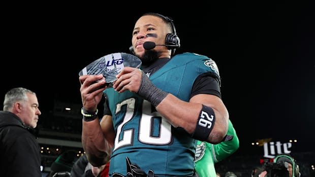 Jan 26, 2025; Philadelphia, PA, USA; Eagles' Saquon Barkley celebrates after winning the NFC championship.