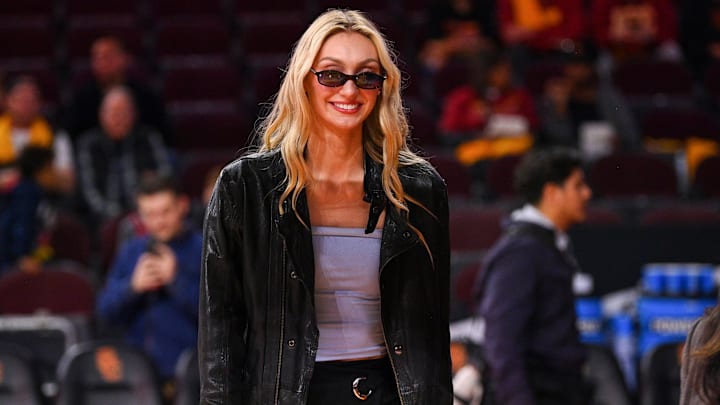 Los Angeles Sparks forward Cameron Brink looks on before the women's college basketball game between the Notre Dame Fighting Irish and the USC Trojans.