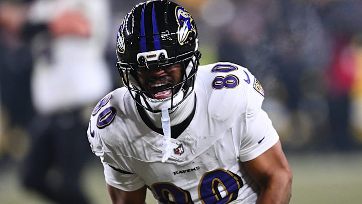 Baltimore Ravens TE Isaiah Likely (80) celebrates after scoring a touchdown against the Pittsburgh Steelers on Dec. 7, 2025