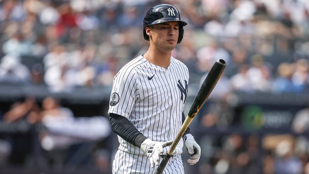 Jun 7, 2026; Bronx, New York, USA;  New York Yankees shortstop Anthony Volpe (11) flips his bat after popping out to first base to end the sixth inning against the Boston Red Sox at Yankee Stadium. Mandatory Credit: Wendell Cruz-Imagn Images