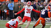 Nov 15, 2025; Champaign, Illinois, USA; Maryland Terrapins kicker Sean O'Haire (36) attempts a field goal during the first half against the Illinois Fighting Illini at Memorial Stadium. Mandatory Credit: Ron Johnson-Imagn Images